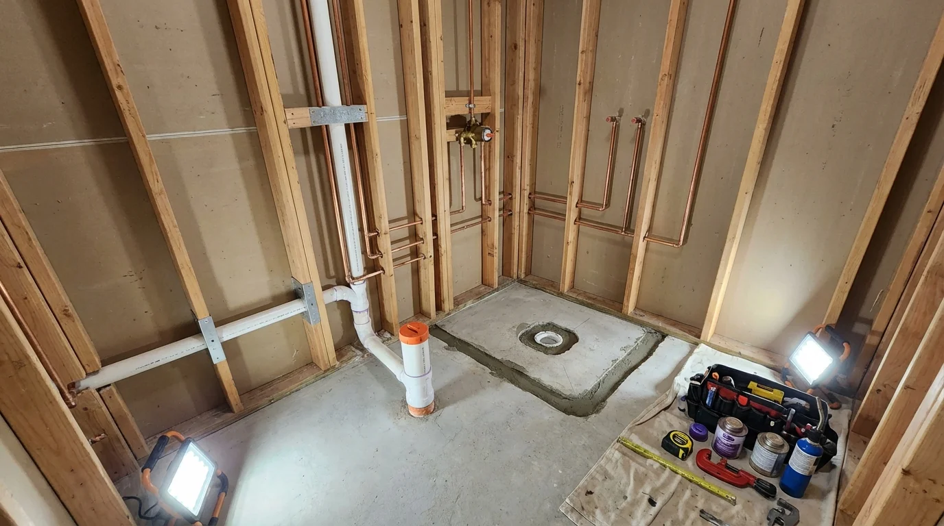 Bathroom rough-in plumbing during remodel by Johns Plumbing LLC in Drumright