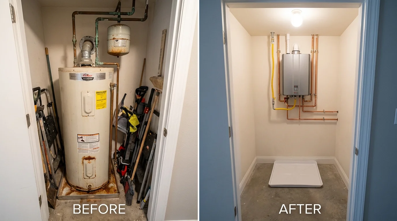 Tank water heater versus wall-mounted tankless unit comparison for Drumright, OK homeowners