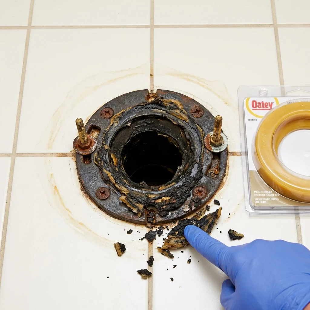 Failed wax ring showing water seepage at the base of a toilet in a Drumright, OK home