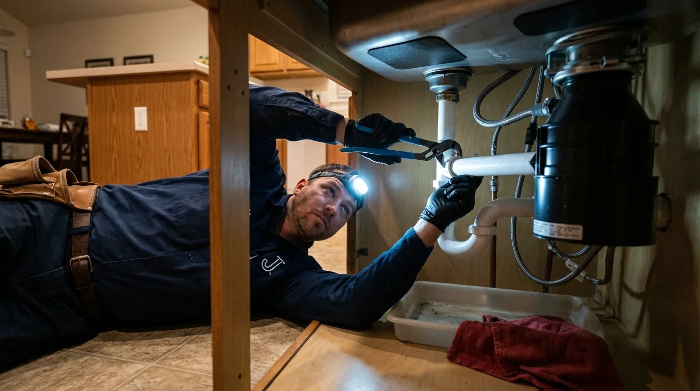 P-trap and supply line connections under a kitchen sink showing a common leak point in Drumright, OK